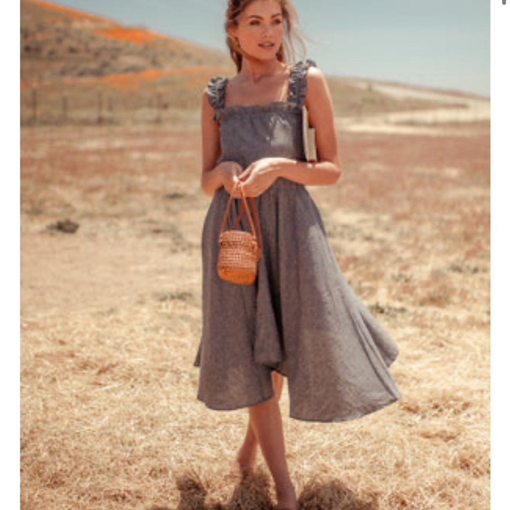Ruffled-Strap HEMP blue grey Midi Sundress
